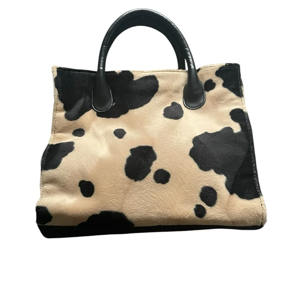 EUC Faux Fur Cow Animal Print Black and Tan Shoulder Tote Bag - Picture 2 of 8